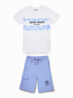 Gini & Jony - Bys Blue Tropical Printed Cotton Co-Ord (Set of 2)