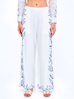 Cover Story - Womens White Leaf Print Wide Leg Trouser