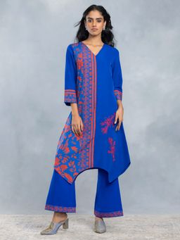 SHAYE - Women Royal Blue Printed Embroidered Kurta