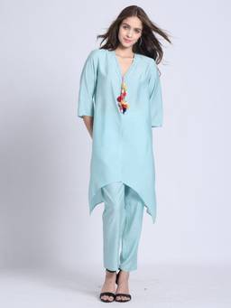 SHAYE - Women Blue Solid Tassels Ethnic Kurti