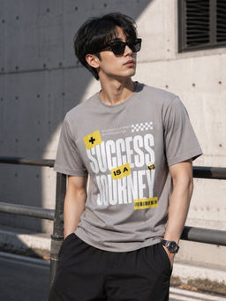 Bene Kleed - Men Grey Typography Oversized Fit Cotton T-Shirt