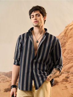 The Souled Store - Navy Blue Stripes Linen Harbour Men Shirt