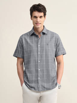 U.S. POLO ASSN. - Men Grey Windowpane Checked Twill Shirt