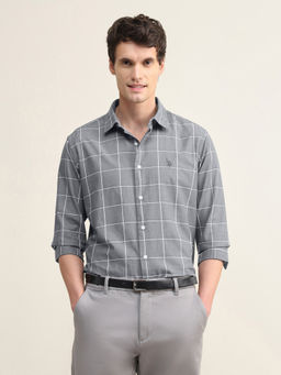 U.S. POLO ASSN. - Men Grey Windowpane Checked Twill Shirt