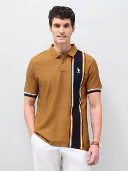 U.S. POLO ASSN. - Men Mustard Colour Blocked Slim Fit Polo T-Shirt