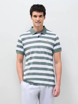 U.S. POLO ASSN. - Men Green Horizontal Striped Slim Fit Polo T-Shirt
