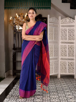 CHARUKRITI - Navy Blue Cotton Textured Handwoven Saree with Unstitched Blouse Piece