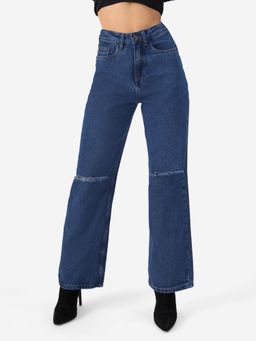 The Souled Store - Original Solids Distressed Blue Wide Leg Fit Jeans