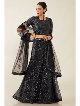 Soch - Women Black Net Embellished Sequined Lehenga Choli Dress Material (Set of 3)