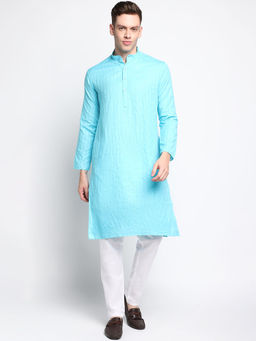 Devoiler - Men Self Design Sky Blue Cotton Kurta