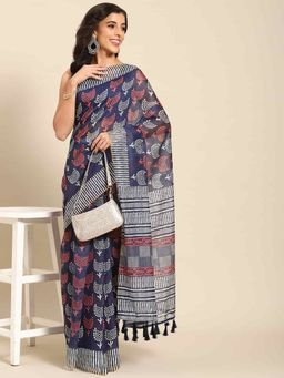 Silk Land - Womens Pure Cotton Navy Blue Block Print Saree with Unstitched Blouse