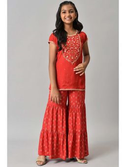 Aurelia - Liva Red Floral Printed Top And Sharara (Set of 2)