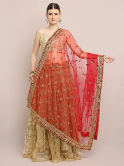 Dupatta Bazaar - Womens Embroidered Red Bridal Wedding Wear Net Dupatta