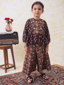 TIBER TABER - Girls Indie Print Cotton Top & Palazzo Black (Set of 2)