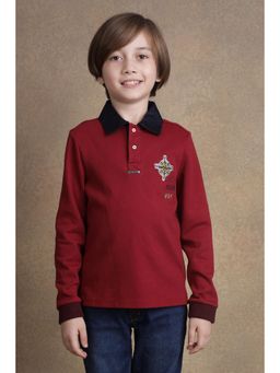 One Friday - Kids Boys Maroon Embroidered Polo T-Shirt