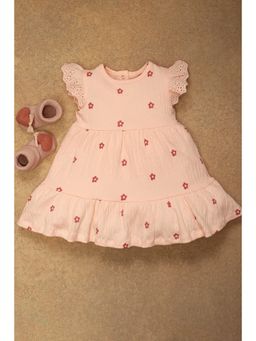 One Friday - Baby Girls Peach Floral Printed Wrinkled Dress