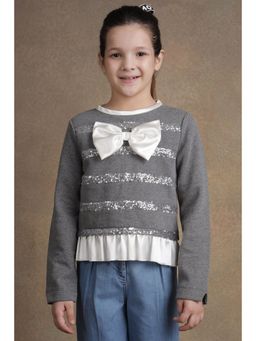 One Friday - Kids Girls Grey Stripes Embellished Top