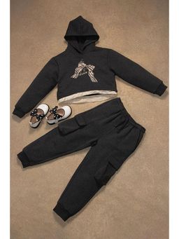 One Friday - Girls Grey Printed Sweatshirt with Joggers (Set of 2)