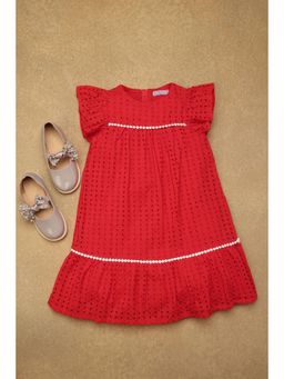 One Friday - Girls Red Schiffly Embroidered Dress