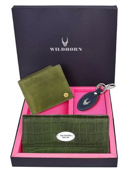 WILDHORN - Premium Leather Ladies Wallet, Mens Wallet and Keychain Gift -1K_GNCR_2052GN_K (Set of 3)
