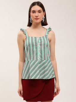 ELLE - Womens Stripes White and Green Peplum Top