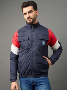 Club York - Men Navy Blue Full Sleeve Colorblocked High Neck Jacket
