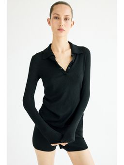 H&M - Women Black Rib-Knit Polo Shirt