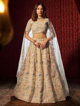 Odette - Cream Georgette Embroidered Semi-Stitched Lehenga, Unstitched Blouse with Dupatta (Set of 3)