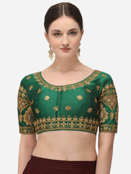 Amrutam Fab - Womens Embroidered Green Phantom Silk Stiched Blouse With Round Neck