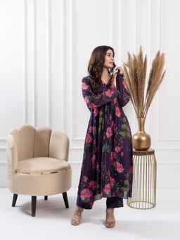 FLAMINGO THE LABEL - Womens Floral Purple Anarkali Kurta with Pant (Set of 2)