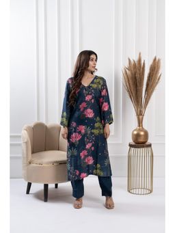 FLAMINGO THE LABEL - Womens Floral Navy Blue Kurta with Pant (Set of 2)