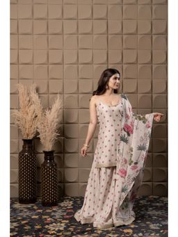 FLAMINGO THE LABEL - Womens Floral Beige Kurti with Sharara and Dupatta (Set of 3)