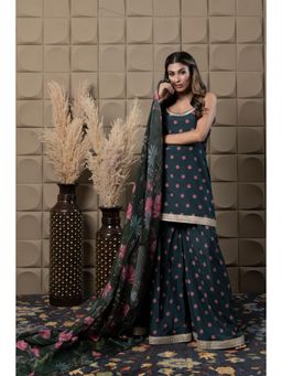 FLAMINGO THE LABEL - Womens Floral Black Kurti with Sharara and Dupatta (Set of 3)