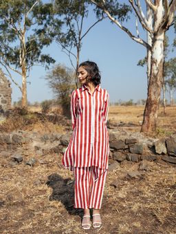 MARCHE - Womens Stripes Red Kurta with Pant (Set of 2)