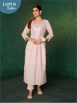 Likha - Inayat Purple Jaipuri Printed Naira Cut Anarkali Kurta with Pant LIKSKD145 (Set of 2)