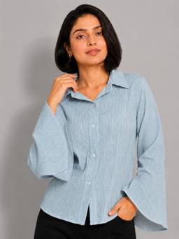 Twenty Dresses by Nykaa Fashion - Sky Blue Striped Nylon Viscose Button-Down Shirt