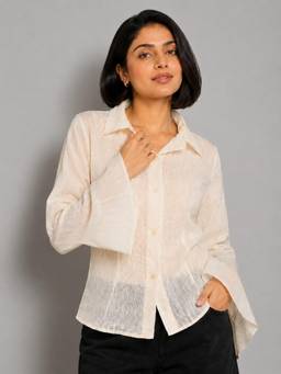 Twenty Dresses by Nykaa Fashion - Pale Cream Crinkled Nylon Viscose Button-Down Shirt