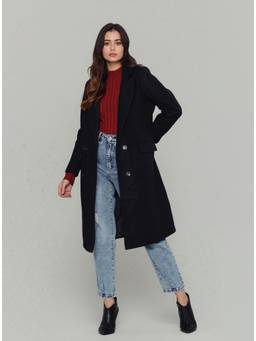 Twenty Dresses by Nykaa Fashion - Women Black Solid Notched Lapel Longline Coat