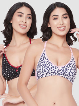 Clovia - Pack Of 2 Cotton Non-Padded Non-Wired Full Cup Printed Racerback Bra - Black