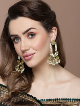 Dugran By Dugristyle - Green & Gold Drop Earring with Kundan & Pearls