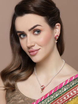 Dugran By Dugristyle - Pink & Gold Drop Earring with Kundan & Pearls