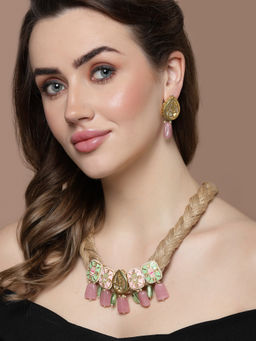 Dugran By Dugristyle - Pink & Gold Drop Earring with Kundan & Natural Stones