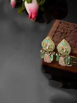 Dugran By Dugristyle - Green & Pink Drop Earring with Kundan & Pearls