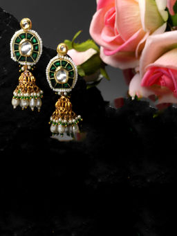Dugran By Dugristyle - Green & Gold Jhumkas Earring with Kundan & Pearls