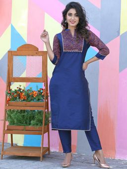 Jaipur Kurti - Navy Blue Printed Kurta with Pant (Set of 2)