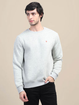 AM SWAN - Grey Solid Cotton Round Neck Sweatshirt