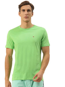 AM SWAN - Green Solid Cotton Half Sleeve Crew Neck T-Shirts