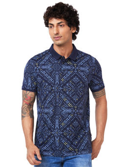 Spykar - Navy Blue Printed Polo Collar Half Sleeves T-Shirt for Men