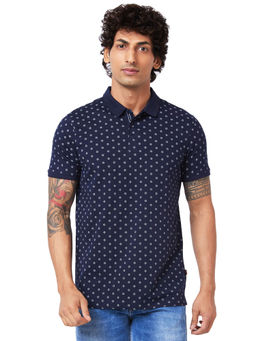 Spykar - Polo Collar Half Sleeves Navy Blue Printed T-Shirt for Men