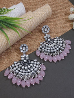 I Jewels - Ethnic Stylish Silver Oxidised Kundan Pearl Chandbali Earrings -E3106ZPi